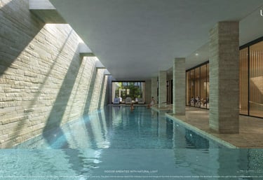 a pool with a woman in a white dress