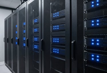 A minimalist and clean photography of a server room with blue LED indicators, representing high-tech communication infrastructure in a modern Brazilian facility. The style is sharp and professional.