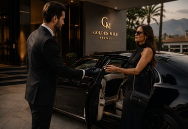 A professional chauffeur hands keys to a woman in front of a Golden Mile luxury car rental.