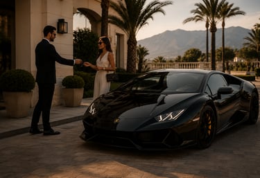 A black Lamborghini Huracan parked at a luxury resort as a valet hands keys to a woman.