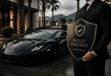 Professional in a suit holding a fully insured shield next to a luxury black sports car.