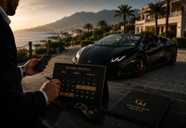 Man booking a luxury car rental with a flexible calendar and a black Lamborghini parked by the coast.