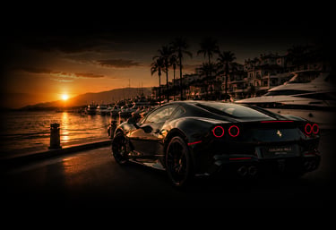 Black Ferrari luxury sports car parked at a tropical harbor during a golden sunset with yachts and palm trees.