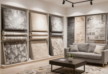 Cozy living room corner featuring a soft beige carpet and elegant home textiles in warm tones.