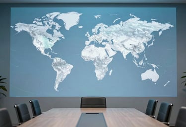 A professional photograph of an office boardroom with a digital world map projected on the wall in soft cerulean and pale silver.
