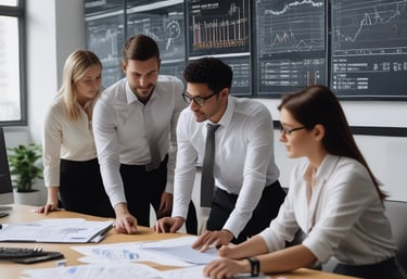 A futuristic government office environment showcasing AI technology and engaged employees.