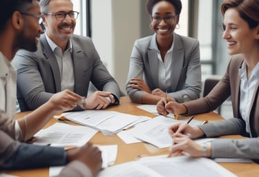 A diverse group of government professionals collaborating around a table with digital devices and AI concept visuals.