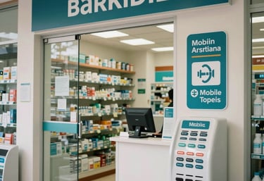 An interior view of a modern South American multiservice point within a pharmacy, showing signs for bank transfers and mobile top-ups. Organized and professional appearance.