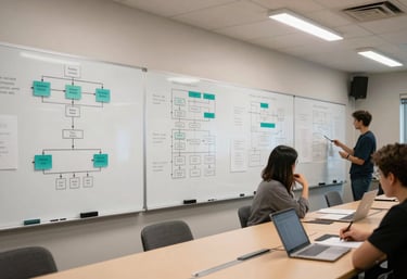 A wide shot of a collaborative North American / US workshop space with whiteboards filled with logic flowcharts and bright teal accents.