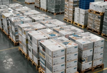 A wide shot of a clean, organized logistics bay in a North American / US electronics factory, with pallets of boxed finished products ready for secure shipping.