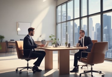 Professional meeting between Asian investors and ho group inc. advisors in a sleek, navy-accented office.