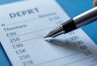 A close-up of a receipt or contract with a professional pen, reflecting transparency and fair pricing, sky blue tones.