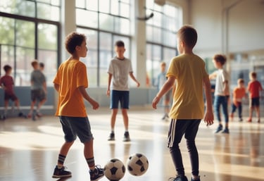 A group of African and Middle Eastern boys and girls, some wearing hijabs, laughing and playing football in a bright, welcoming youth center.