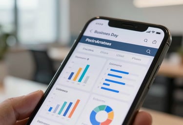 A close-up of a mobile phone screen showing a business analytics dashboard in a well-lit North American office.