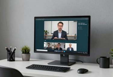 A minimalist home office setup with a high-resolution monitor showing a video lecture, professional atmosphere, teal and gray tones, Global / International.