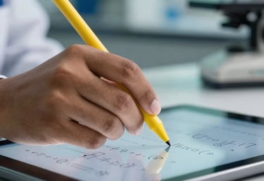 A close-up photograph of a South Asian student's hand using a yellow stylus on a tablet to solve a complex physics equation. The background is a soft-focus professional laboratory setting with blue and green lighting highlights.