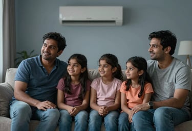 A South Asian family sitting comfortably on a sofa in a cool, air-conditioned living room, looking happy and relaxed, professional soft focus photography.