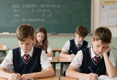A group of diverse students studying together with laptops and notes in a bright, modern classroom.