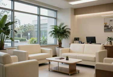 A refined, calm interior of a modern clinical office. Large windows, potted plants, and premium ivory-colored furniture. North American / US style, authoritative yet welcoming atmosphere.