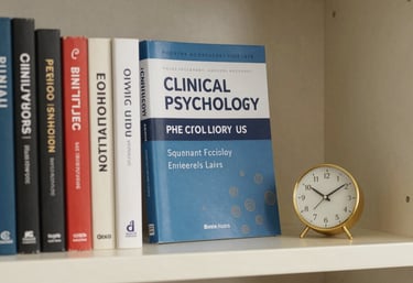 A lifestyle photograph of a professional bookshelf in a North American / US office, featuring clinical psychology journals and a small gold clock, ivory background.