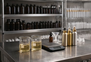 Vasos de precipitados en area de trabajo Sillage con fragancia sobre una mesa