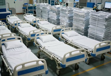 The logistics and dispatch bay of a medical manufacturer in South Asia / India, showing neatly packed hospital beds ready for shipping.