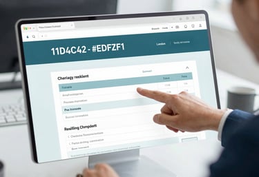 A close-up of a professional desk in a high-end London office. A PCO Claims consultant is pointing at a digital claim form. Atmosphere of calm reliability, featuring #1D4C44 and #EDF3F1.