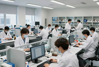 An wide-angle photograph of a collaborative research laboratory in the US, scientists working at bright, modern workstations with glass partitions.