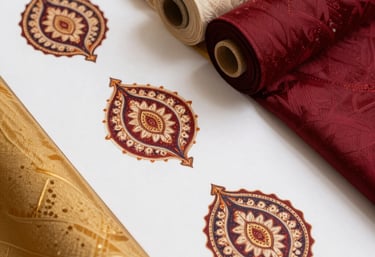 A flat-lay composition showing digital batik design sketches next to rolls of premium cotton fabric in gold, parchment, and deep crimson.