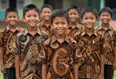Group of Indonesian primary school children smiling, wearing high-quality batik school uniforms with intricate patterns, standing in a school yard.
