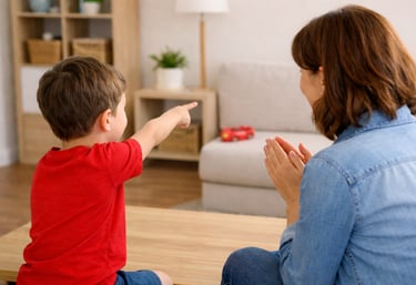 Child and parent spotting objects of a chosen color in their home