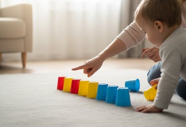 Child and parent lining up cups and counting them together at home