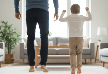 Parent and child doing jump and count activity indoors