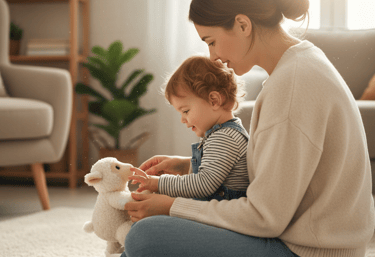Child and parent feeling a soft and hard item indoors