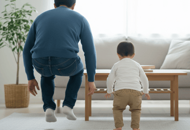 Child and parent pretending to be animals in fun indoor activity at home