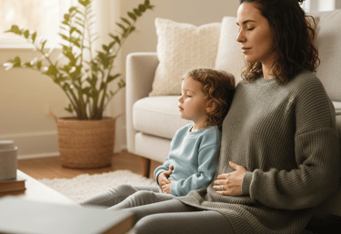 Parent and child doing slow belly breathing together at home