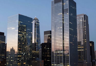 A wide shot of a modern city skyline at dusk with lights reflecting in glass buildings, North American urban setting, cool blue and gray tones.