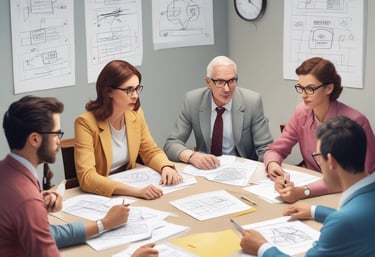 A professional team collaborating over project plans in a modern office.