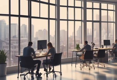 A professional project manager discussing plans with a business team in a modern office.