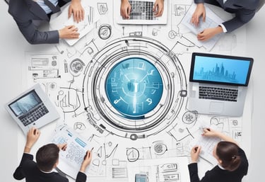 Close-up of hands working on a laptop with project management software open.
