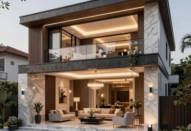 A luxury living room featuring stylish furniture and warm lighting that highlights elegant design.