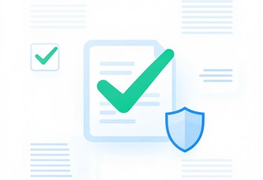Digital document icon with a green checkmark and security shield representing verified data privacy.