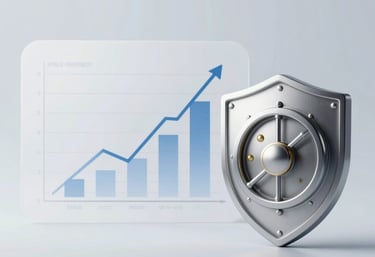 Secure investment shield and safe vault icon protecting a rising financial growth chart.
