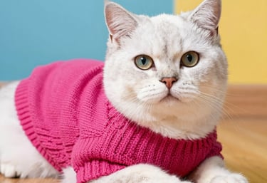 Un esponjoso gato blanco British Shorthair con un cómodo jersey rosa de punto en un suelo de madera