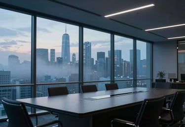 A cinematic shot of a modern, glass-walled International / Global conference room with a view of a city skyline at dusk. Pale mist and dark slate blue tones dominate.