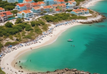 A scenic beach view with turquoise water and palm trees swaying gently