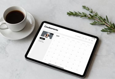 A flat-lay shot of a marble tabletop featuring a tablet, a ceramic cup of dark coffee, and some fresh herbs. The tablet shows a professional social media content calendar. Sophisticated and clean.