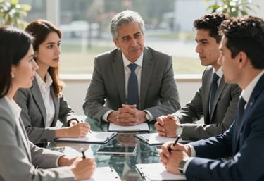 A professional business meeting in progress with Latin American men and women discussing strategy around a glass table, natural sunlight.