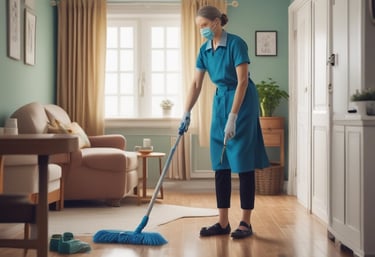 A caregiver preparing a warm meal in a bright kitchen for an elderly client.