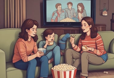 A group of friends happily watching TV together in a cozy living room.